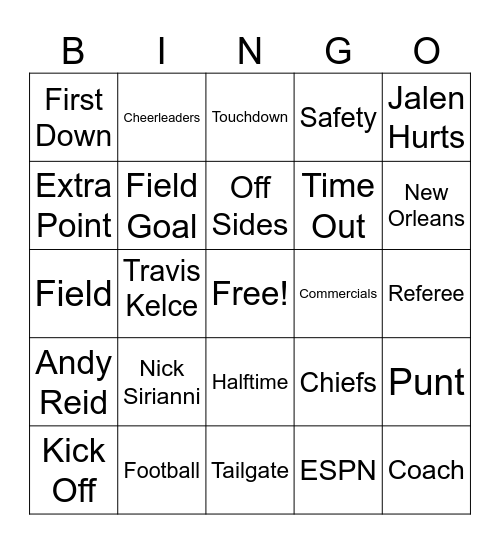 Super Bowl Bingo Card