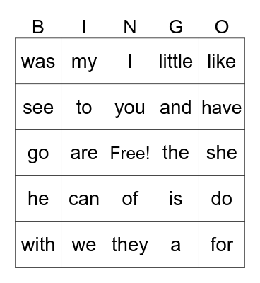 Sight Words Bingo Card