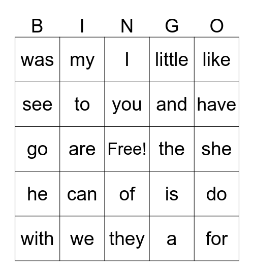 Sight Words Bingo Card