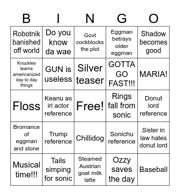 Sanic 3 Bingo Card