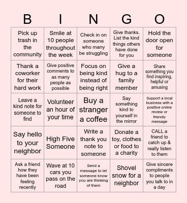 Random Acts of Kindness Bingo Card