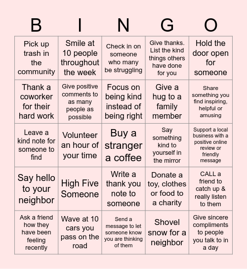 Random Acts of Kindness Bingo Card