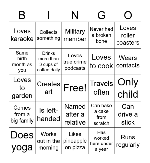 Getting to Know You Bingo Card