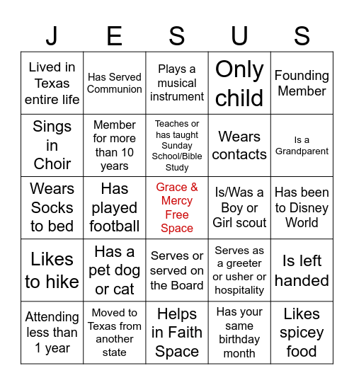 Church Bingo Card
