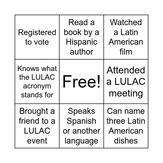 LULAC Bingo! Bingo Card