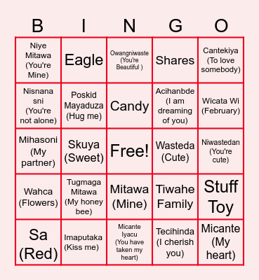 Valentines Dakota Language Bngo Bingo Card