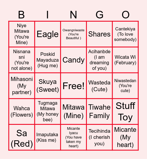 Valentines Dakota Language Bngo Bingo Card