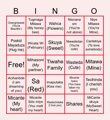 Valentines Dakota Language Bngo Bingo Card