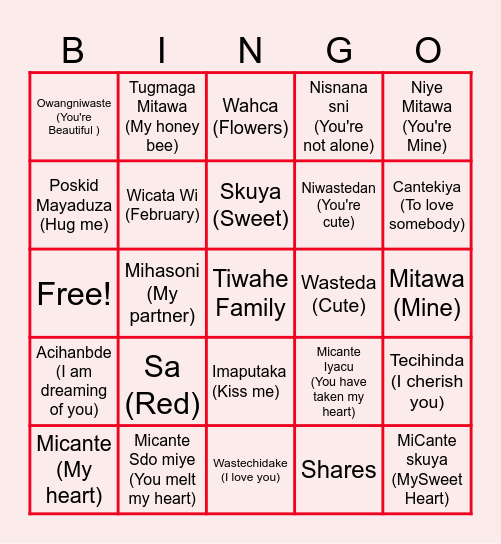 Valentines Dakota Language Bngo Bingo Card