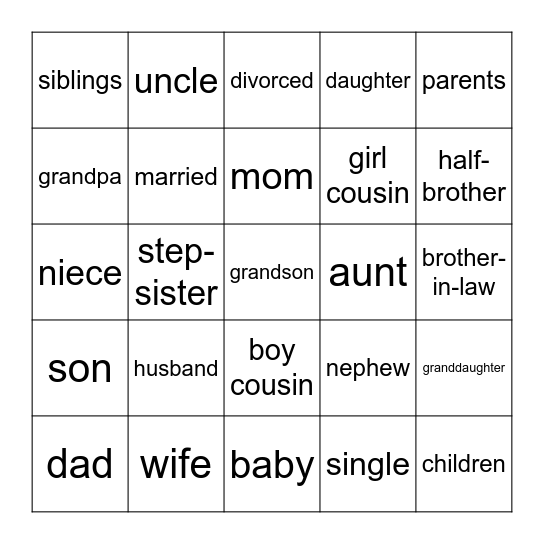 die Familie Bingo Card