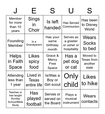 Church Bingo Card