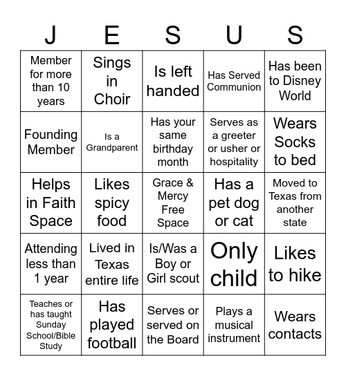 Church Bingo Card