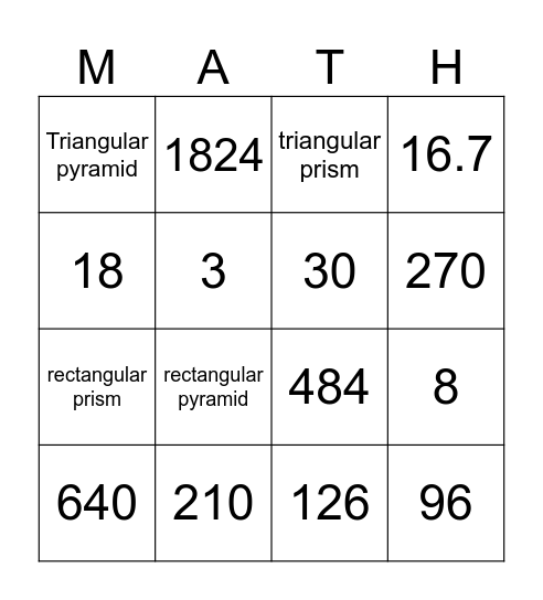 CRJH Volume MATH Bingo Card