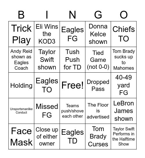 Super Bowl LIX Bingo Card