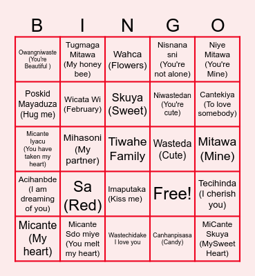Valentines Dakota Language Bngo Bingo Card