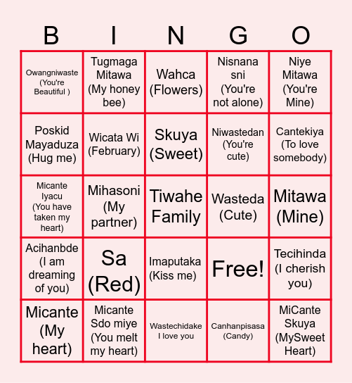Valentines Dakota Language Bngo Bingo Card