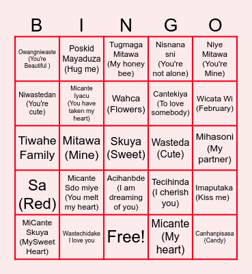 Valentines Dakota Language Bngo Bingo Card