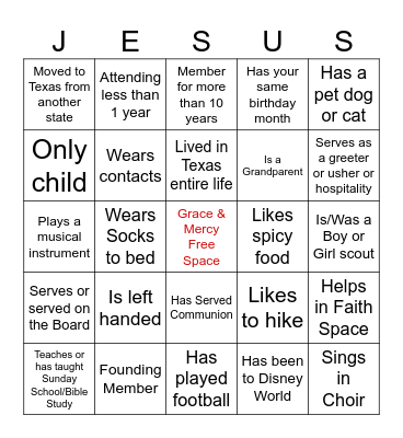 Church Bingo Card