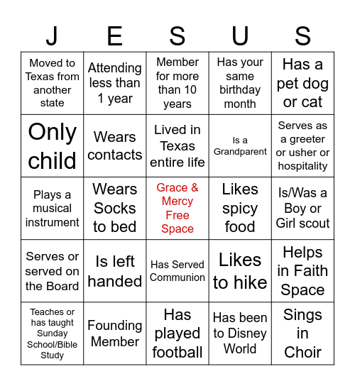 Church Bingo Card