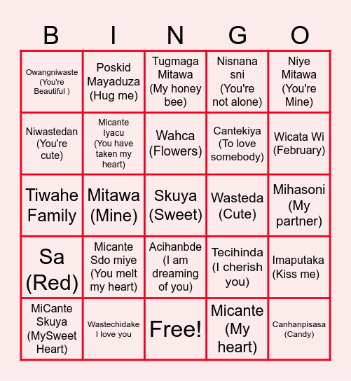 Valentines Dakota Language Bngo Bingo Card