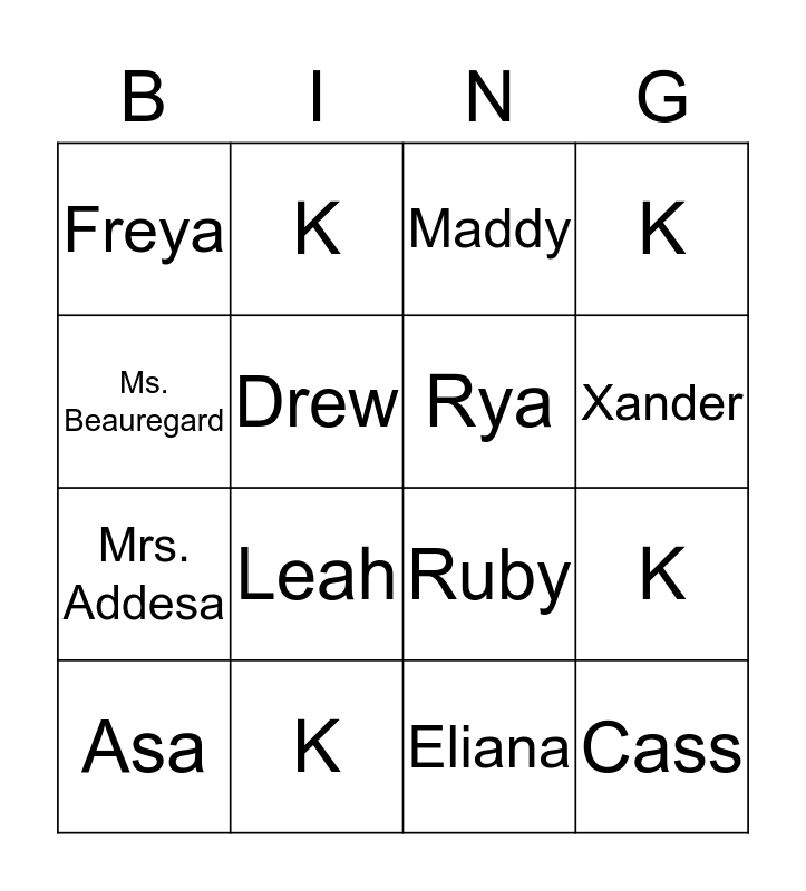 Our Kindergarten Class Bingo Card