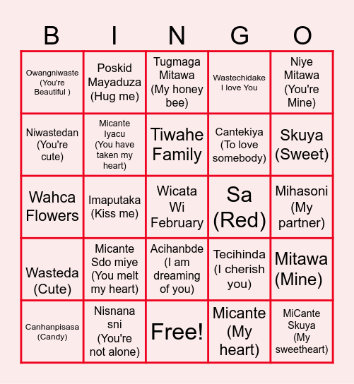 Valentines Dakota Language Bngo Bingo Card