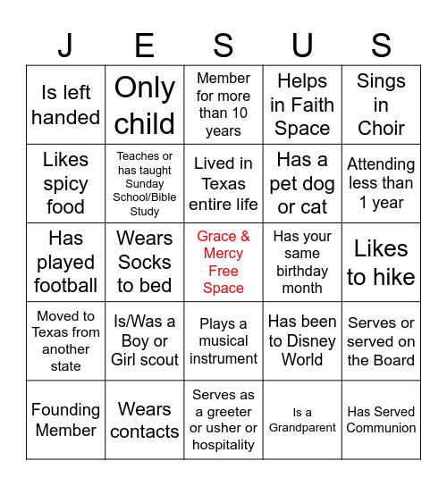Church Bingo Card