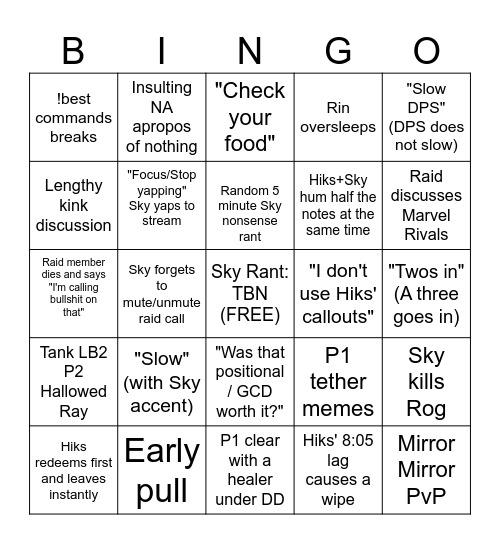 Sky FRU Waifus Stream Bingo Card