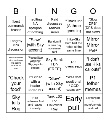 Sky FRU Waifus Stream Bingo Card