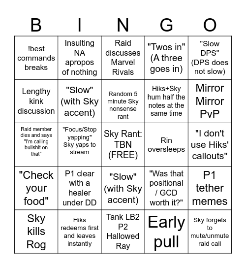 Sky FRU Waifus Stream Bingo Card