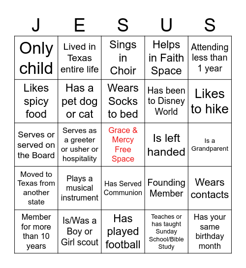 Church Bingo Card