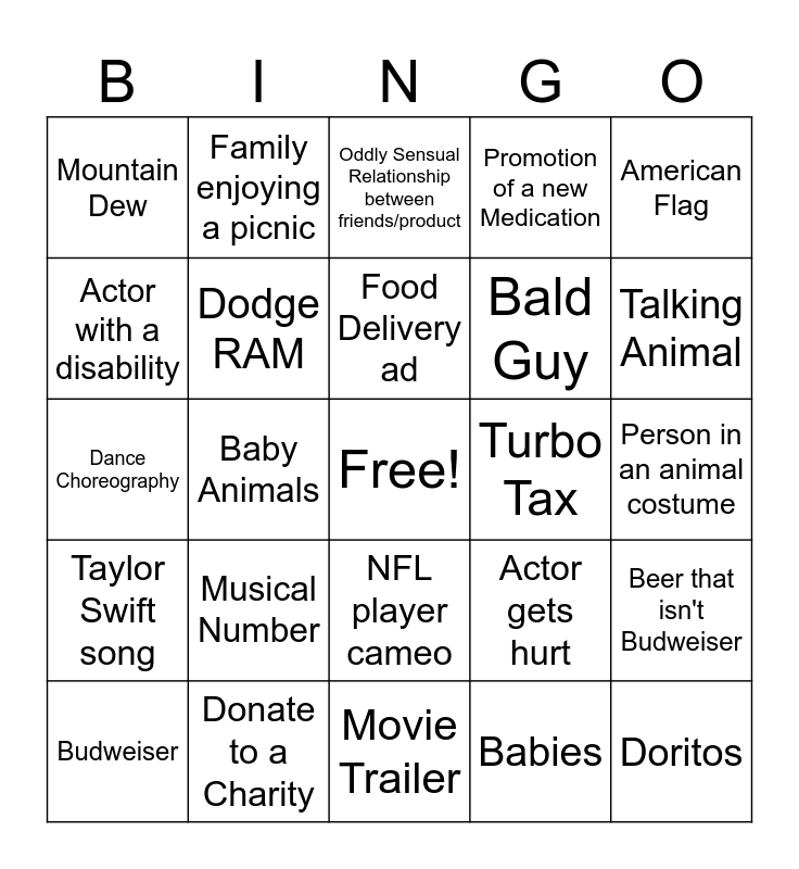 super bowl commercials bingo