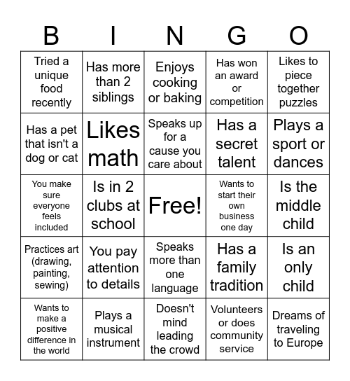 Get to Know You Bingo Card