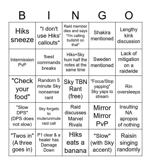Sky FRU Waifus Stream Bingo Card