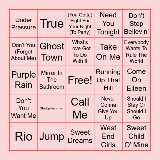 80s Hits Bingo Card
