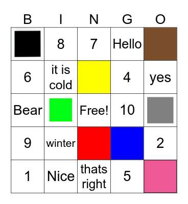 Numbers & Colors Bingo Card