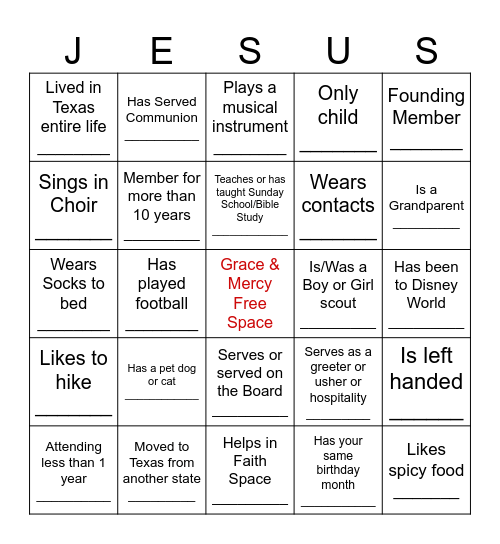 Church Bingo Card
