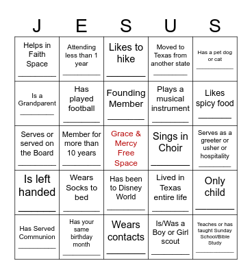 Church Bingo Card