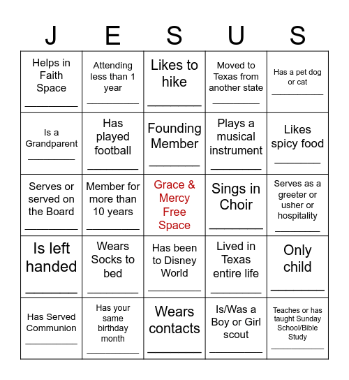Church Bingo Card