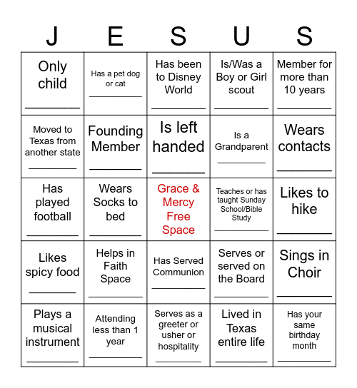 Church Bingo Card
