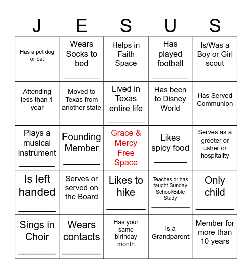 Church Bingo Card