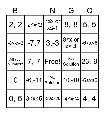 Absolute Value Practice Bingo Card