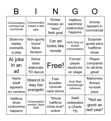 Superbowl LIX Bingo Card