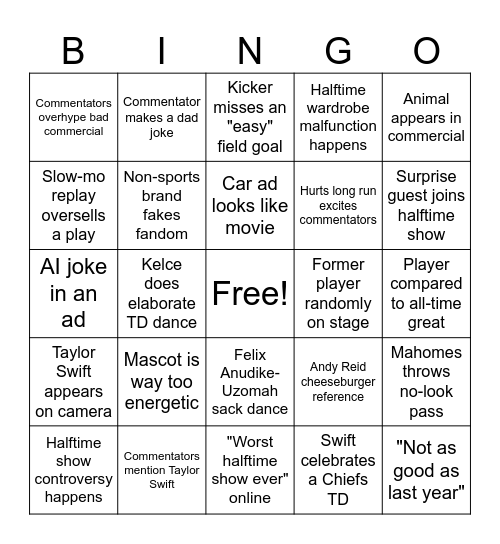 Superbowl LIX Bingo Card