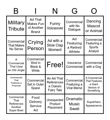 SuperBowl Commercial Bingo Card
