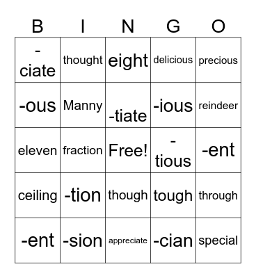 NC--suffixes Bingo Card