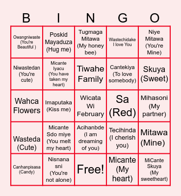 Valentines Dakota Language Bngo Bingo Card