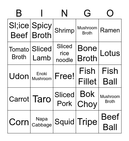 Hot Pot Bingo Card
