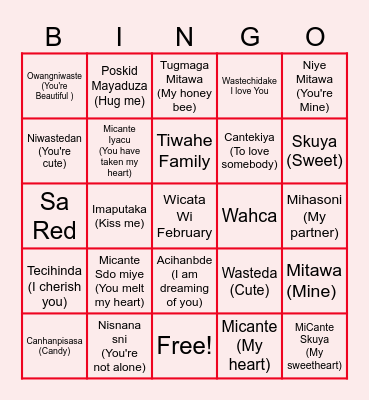 Valentines Dakota Language Bngo Bingo Card