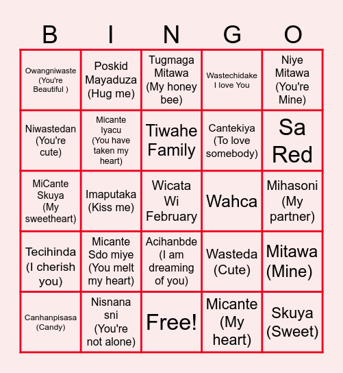 Valentines Dakota Language Bngo Bingo Card